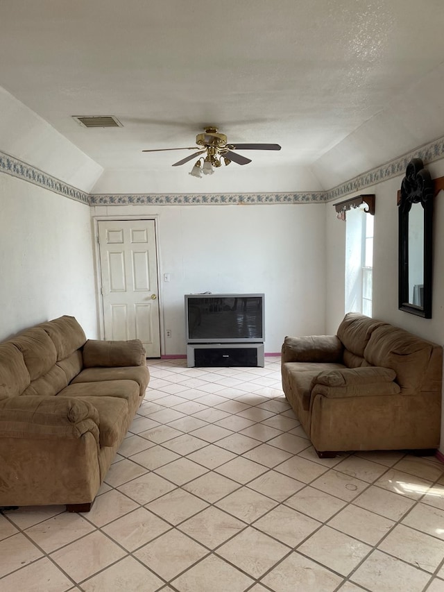 living room with vaulted ceiling and ceiling fan