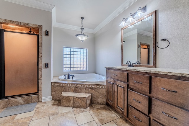 bathroom with crown molding, vanity, and independent shower and bath