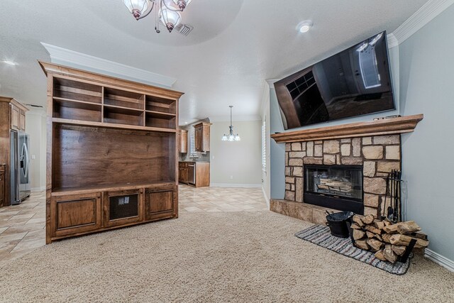 carpeted living room with crown molding, a fireplace, a chandelier, and a textured ceiling