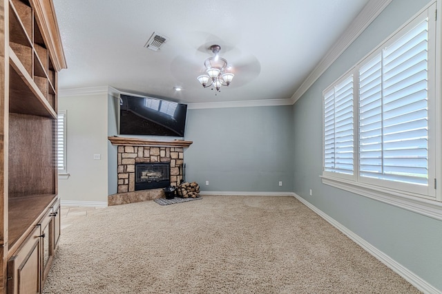 unfurnished living room with light carpet, a stone fireplace, ceiling fan, and ornamental molding