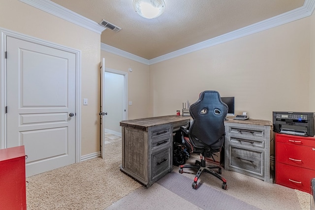 home office with light carpet, a textured ceiling, and crown molding