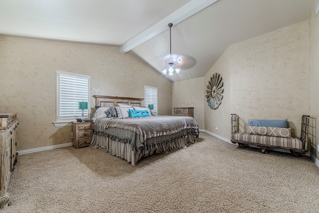 carpeted bedroom with vaulted ceiling with beams