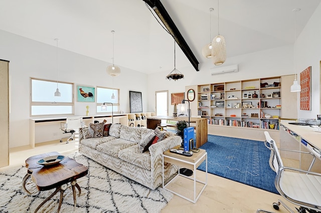 living room featuring beam ceiling, high vaulted ceiling, an AC wall unit, and plenty of natural light