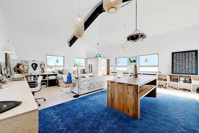 interior space with beamed ceiling, tile patterned floors, and high vaulted ceiling