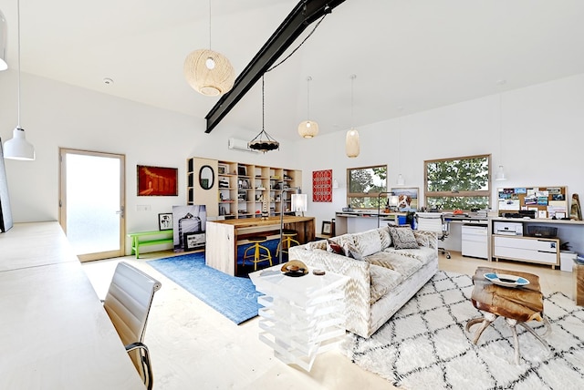 living room featuring a high ceiling