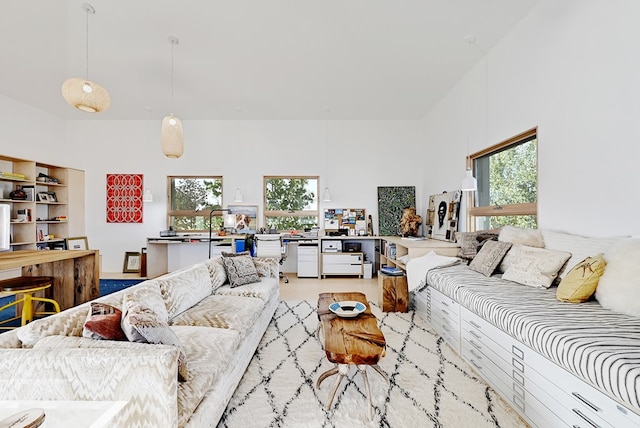 living room featuring a high ceiling