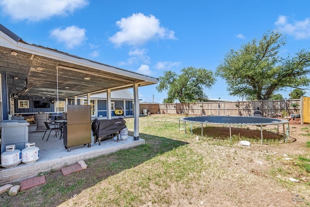 view of yard with a patio and a trampoline