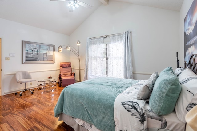 bedroom with wood-type flooring, vaulted ceiling with beams, and ceiling fan