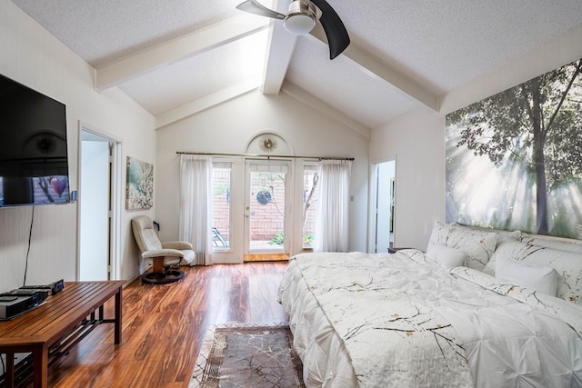 bedroom with vaulted ceiling with beams, a textured ceiling, access to outside, ceiling fan, and hardwood / wood-style floors