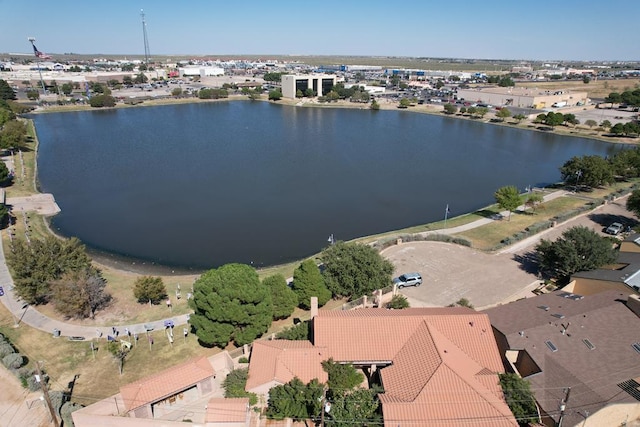 drone / aerial view featuring a water view