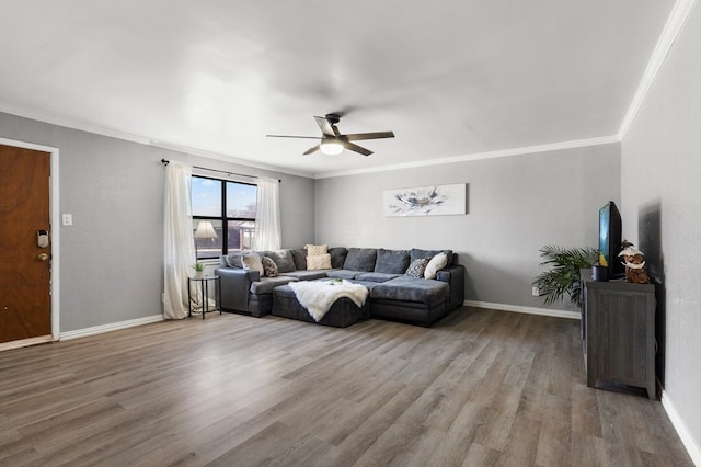 living area featuring light wood-style floors, crown molding, baseboards, and ceiling fan