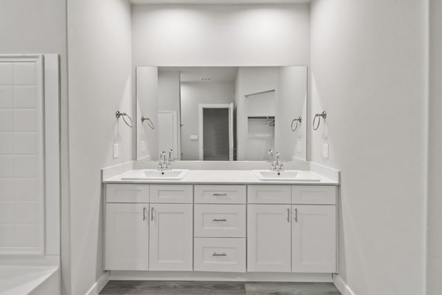 bathroom with vanity and wood-type flooring