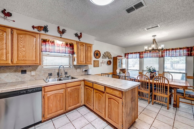 kitchen featuring sink, decorative light fixtures, stainless steel dishwasher, kitchen peninsula, and a notable chandelier