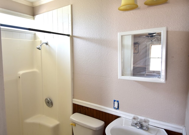 bathroom with toilet, a shower, and sink