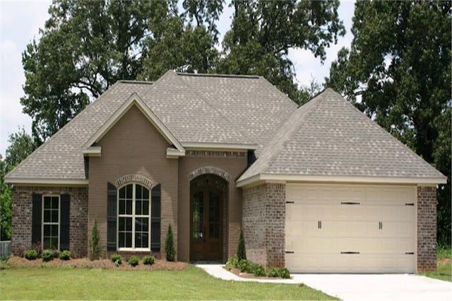 view of front of property featuring a front yard and a garage