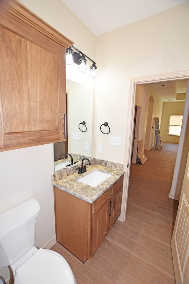 bathroom with hardwood / wood-style flooring, vanity, and toilet