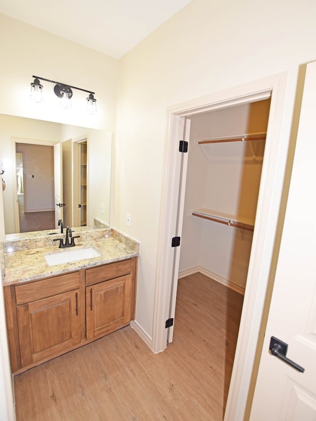 bathroom with hardwood / wood-style flooring and vanity