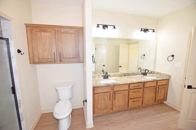 bathroom with vanity, wood-type flooring, and toilet