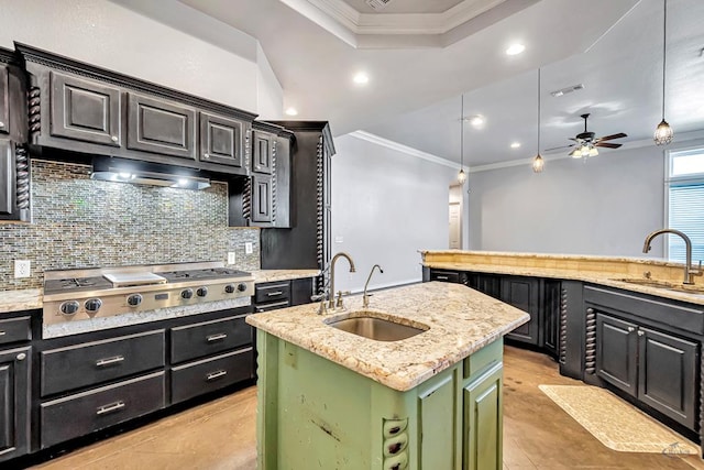 kitchen featuring hanging light fixtures, a kitchen island with sink, a sink, and stainless steel gas stovetop