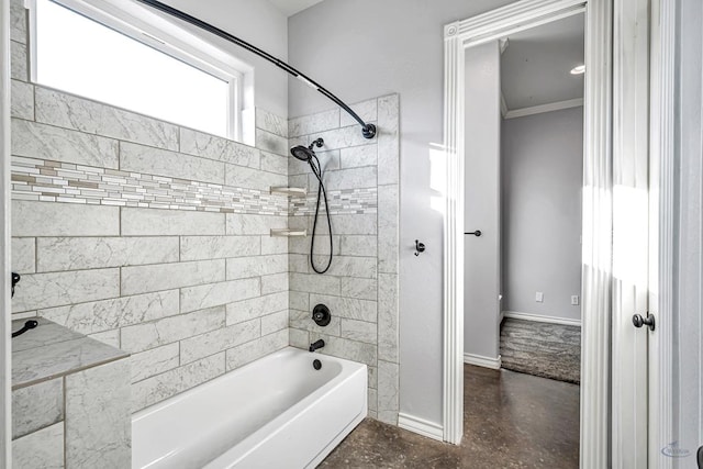 bathroom featuring bathtub / shower combination, baseboards, and ornamental molding