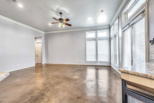 unfurnished living room featuring crown molding, recessed lighting, ceiling fan, concrete flooring, and baseboards