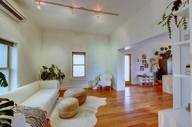 living room featuring light hardwood / wood-style flooring, ornamental molding, and a wall mounted AC