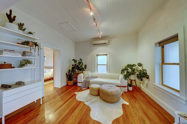 living area featuring light wood-type flooring, rail lighting, and a wall mounted air conditioner