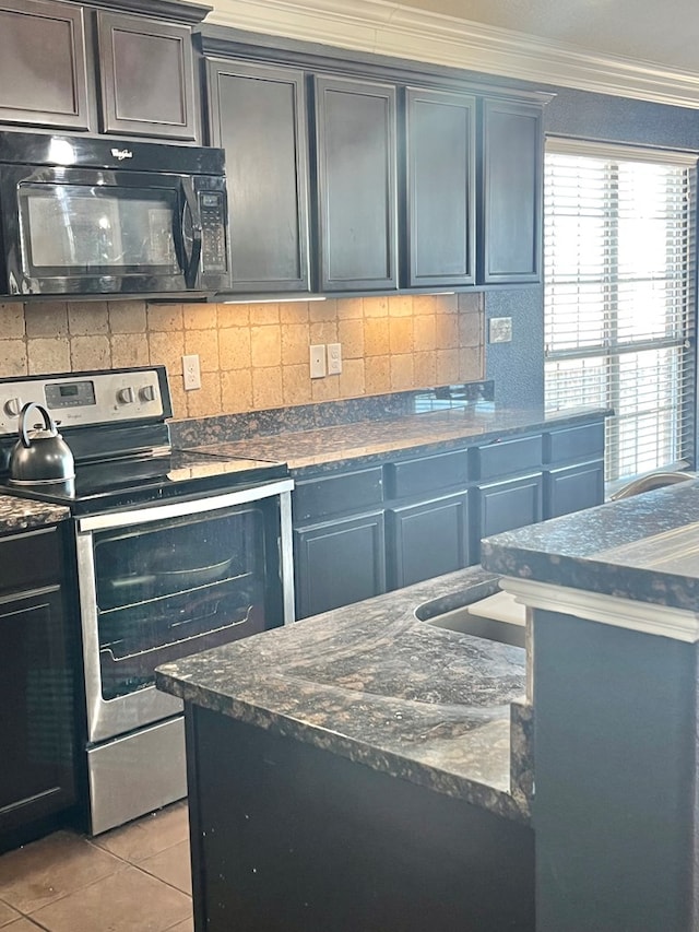 kitchen featuring decorative backsplash, electric stove, crown molding, and light tile patterned floors