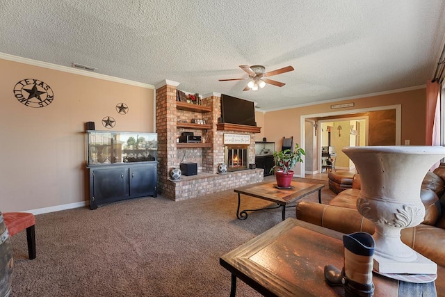 carpeted living room with ornamental molding, a textured ceiling, and a brick fireplace