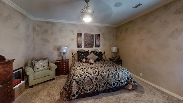 bedroom with carpet and ornamental molding