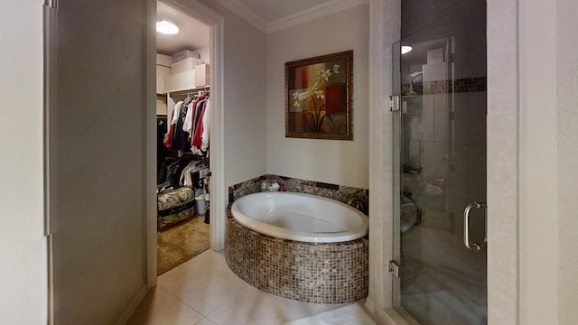 bathroom featuring separate shower and tub, tile patterned floors, and crown molding