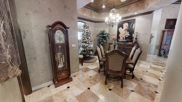 interior space with a chandelier and ornamental molding