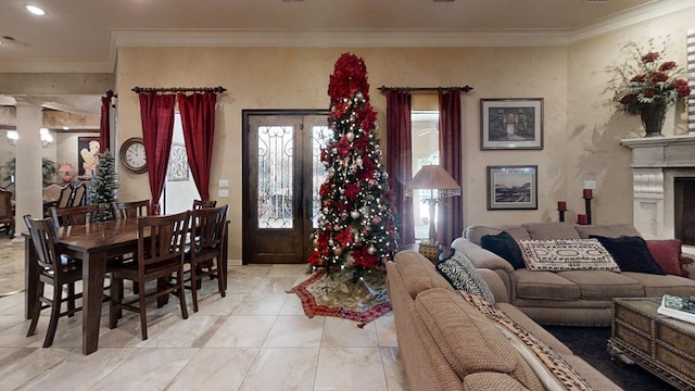 living room with crown molding