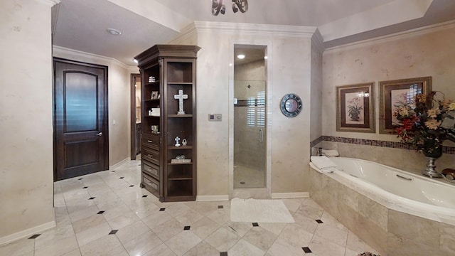 bathroom with tile patterned flooring, separate shower and tub, and ornamental molding