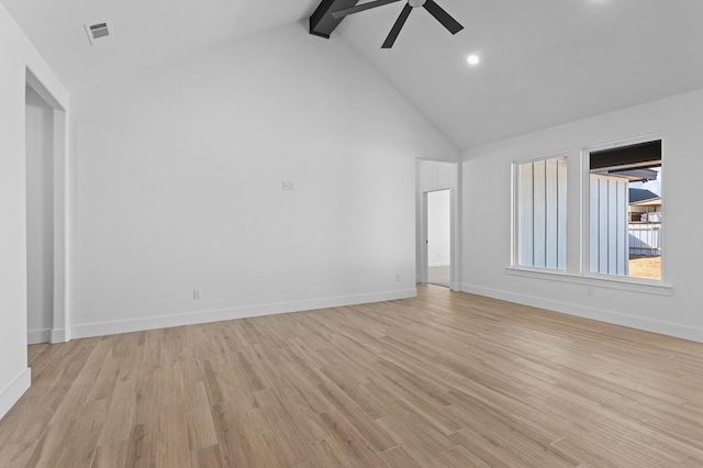 unfurnished living room featuring beamed ceiling, ceiling fan, high vaulted ceiling, and light hardwood / wood-style flooring