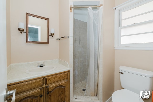 full bathroom featuring toilet, a shower stall, and vanity