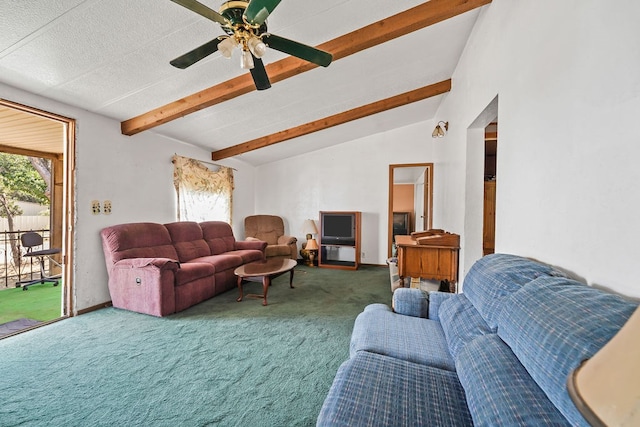 carpeted living room with lofted ceiling with beams and ceiling fan