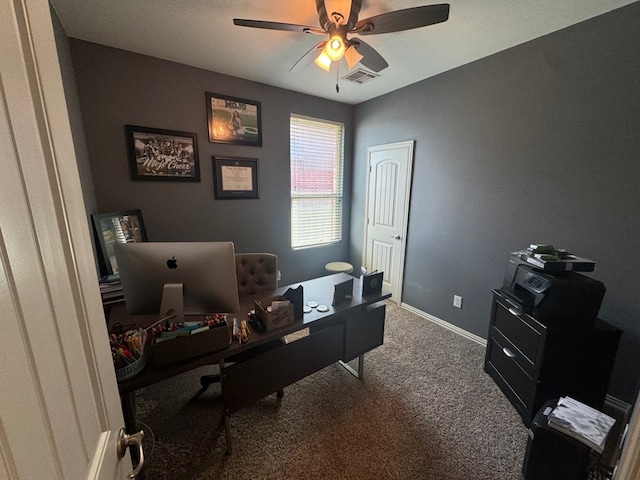 office area featuring ceiling fan and carpet flooring