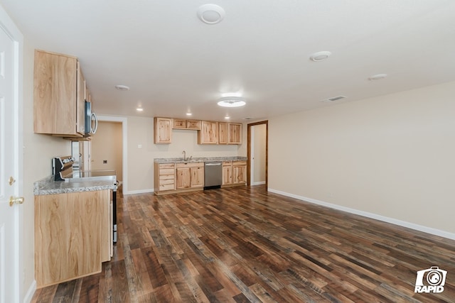 kitchen featuring light brown cabinets, stainless steel appliances, dark wood-type flooring, and sink