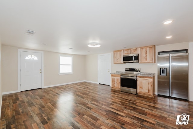 kitchen featuring light stone countertops, light brown cabinets, stainless steel appliances, and dark wood-type flooring