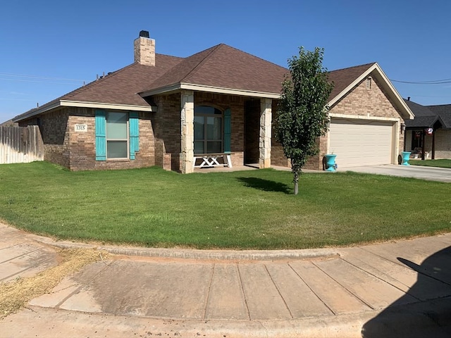 ranch-style home with brick siding, a chimney, concrete driveway, and a front lawn