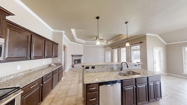 kitchen with a fireplace with raised hearth, ornamental molding, a sink, a tray ceiling, and appliances with stainless steel finishes