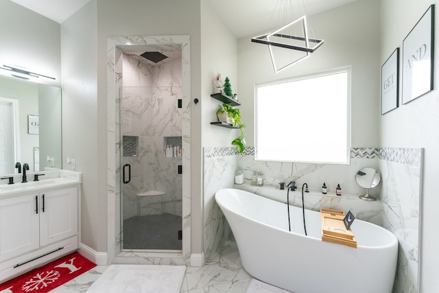 bathroom with independent shower and bath and vanity