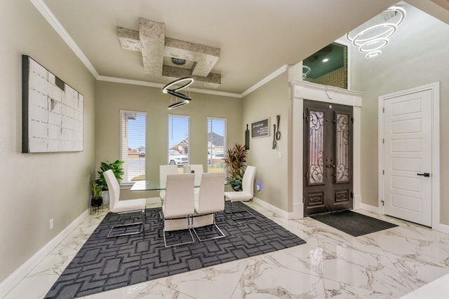 dining room with french doors and ornamental molding