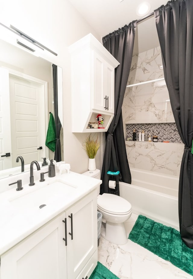 full bathroom featuring toilet, vanity, and shower / bath combination with curtain