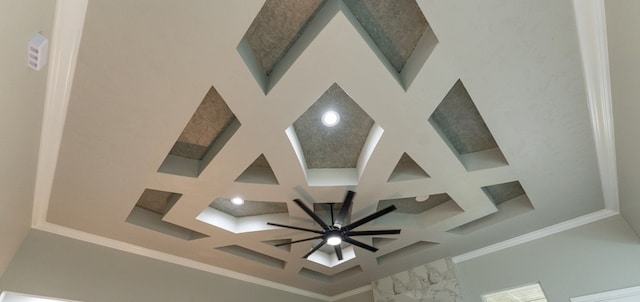 room details with beam ceiling, ornamental molding, and coffered ceiling