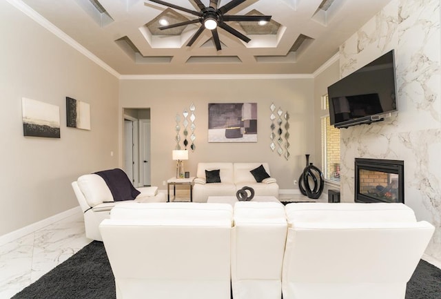 living room with ceiling fan, a premium fireplace, coffered ceiling, crown molding, and beam ceiling