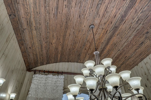 details featuring wood walls, wood ceiling, and an inviting chandelier