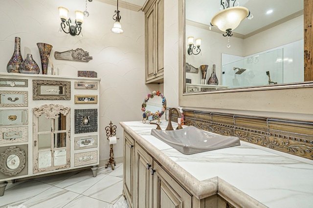 bathroom with vanity and crown molding