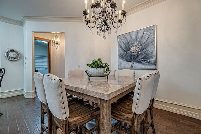 dining room with a chandelier, crown molding, and dark wood-type flooring